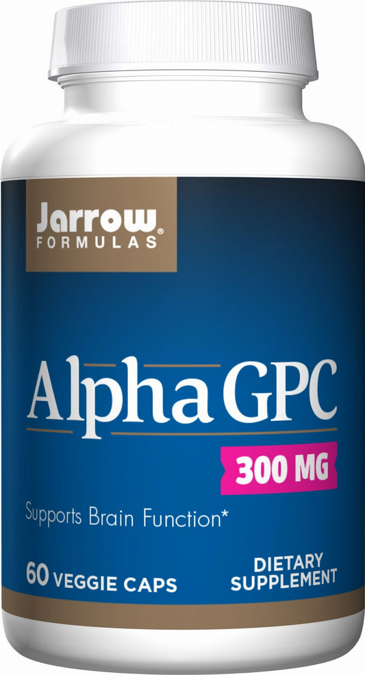 JARROW FORMULAS Alpha GPC 60 Kapseln, Nahrungsergänzungsmittel, offene Kapseln in einer Packung auf weißem Hintergrund