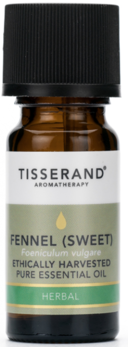 Ethisch geerntetes süßes Fenchelöl in 30 ml Flasche von TISSERAND AROMATHERAPY, Nahaufnahme der Flasche mit Fenchelsamen.