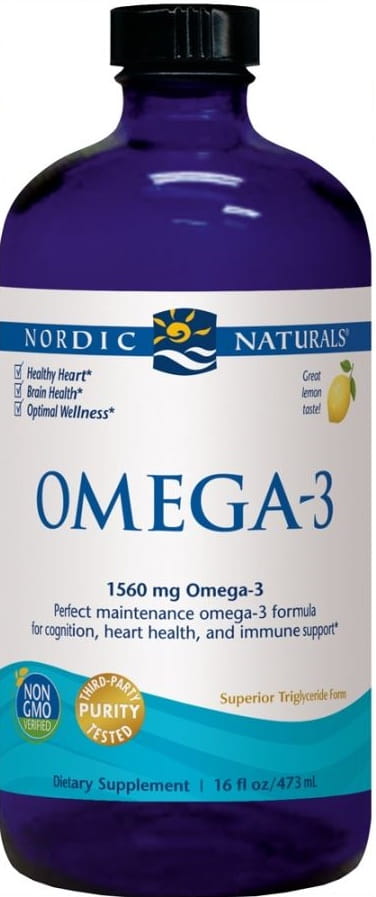 NORDIC NATURALS Omega-3 Flasche mit 473 ml, Omega-3-Kapseln und Etikett sichtbar, hochwertige Nahrungsergänzungsmittel