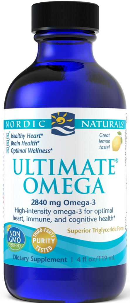 NORDIC NATURALS Ultimate Omega 2840 MG Fischöl in 119 ml Flasche, zeigt die Produktverpackung mit Omega-3-Kapseln.