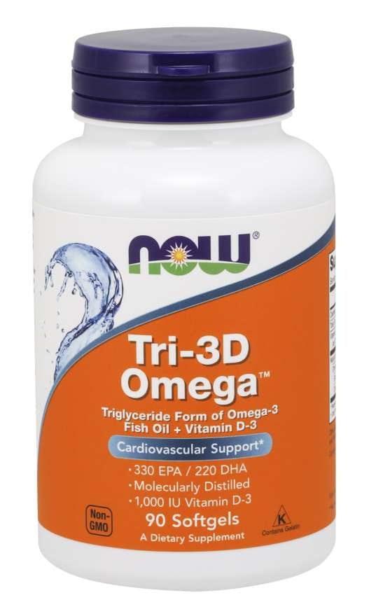 Omega-3 Kapseln von NOW FOODS, Tri3d OMEGA3, 90 Stück, nahe Ansicht der orangefarbenen Kapseln in einer Dose