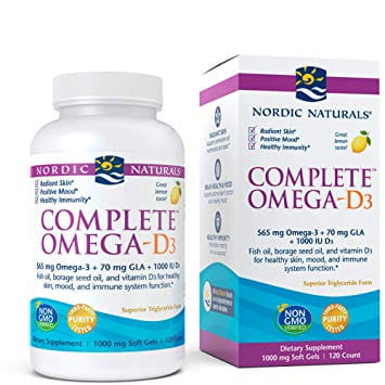 OmegaD3 Kapseln von Nordic Naturals, 120 Stück, hochwertige Fischöl-Kapseln für Omega-3-Fettsäuren, Nahaufnahme der Verpackung