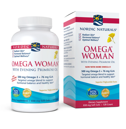 Omega Frau 120 Kapseln von Nordic Naturals, Nahrungsergänzungsmittel mit Omega-3-Fettsäuren, auf weißem Hintergrund.