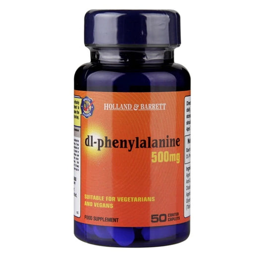 Holland & Barrett Dl-Phenylalanin 500 mg, 50 Tabletten, Nahaufnahme der Tabletten in der Packung.