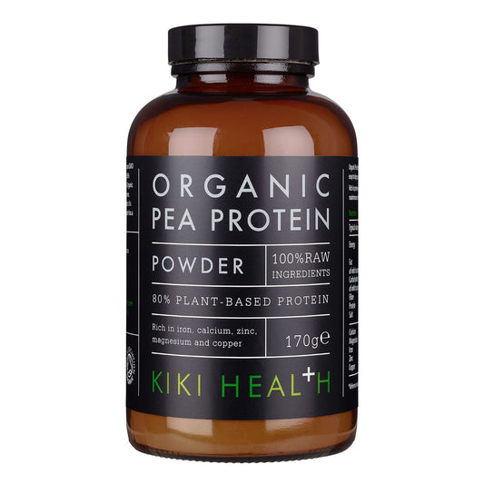 Erbsenproteinpulver von KIKI HEALTH in 170 g Packung, feines grünliches Pulver auf weißem Hintergrund.