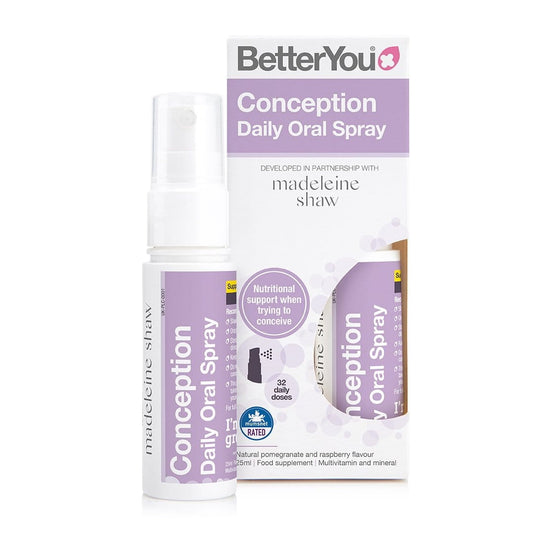 Empfängnis Mundspray von BETTERYOU, 25 ml Flasche, mit Spray-Verschluss, zeigt die Verpackung und das Produkt in einer Nahaufnahme.