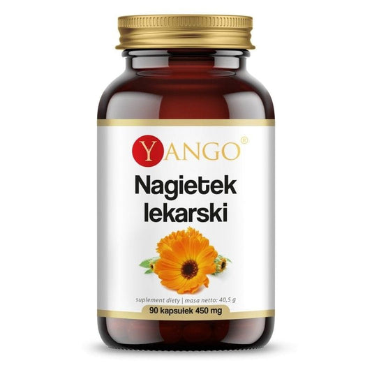 Medizinische Calendula-Kapseln von YANGO, 90 Stück, Nahaufnahme der gelben Kapseln in einer Packung