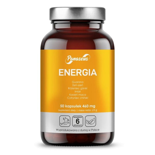 Energie 50 PANASEUS-Kapseln in einer offenen Packung, zeigt die gelben Kapseln und die Produktverpackung.