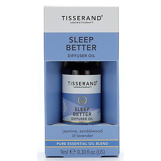 Diffusoröl von TISSERAND AROMATHERAPY, 9 ml, für besseren Schlaf, zeigt die Flasche mit ätherischem Öl und Aromatherapie-Duft.
