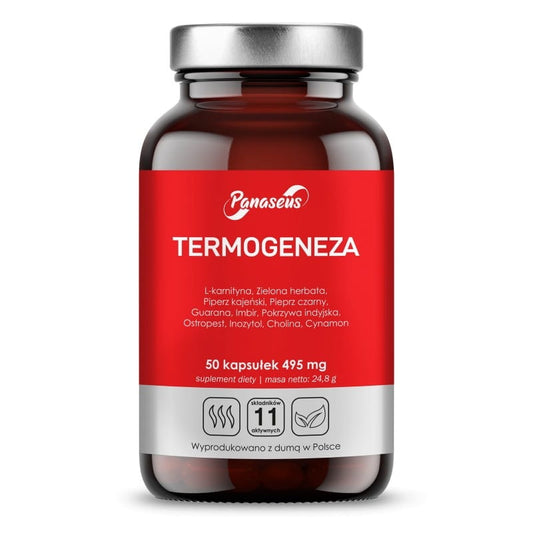 PANASEUS Thermogenese 50 Kapseln in einer offenen Packung, zeigt die braunen Kapseln und die Verpackung.