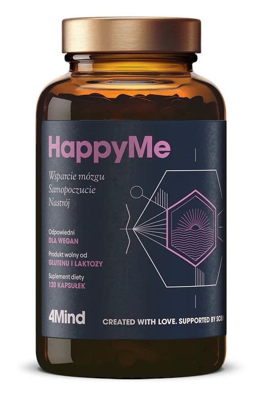 Gesundheitliche Nahrungsergänzung: Happyme 120 Kapseln von HEALTH LABS, Nahaufnahme der Kapseln in der Verpackung