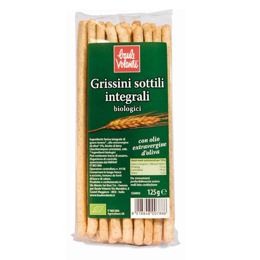 Vollkorn-BAULE VOLANTE Grissini-Finger aus Bio-Getreide, 125 g, frisch und knusprig, auf einer weißen Oberfläche liegend