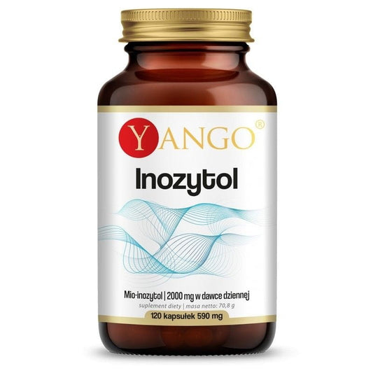 YANGO Inositol 500 MG Kapseln, 120 Stück, Nahaufnahme der weißen Kapseln in einer offenen Packung.