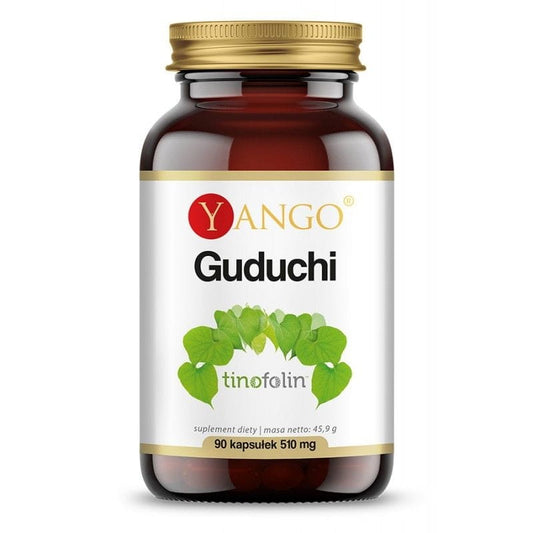 YANGO Guduchi 420 mg Kapseln, 90 Stück, zeigt die Verpackung und die Kapseln des natürlichen Nahrungsergänzungsmittels