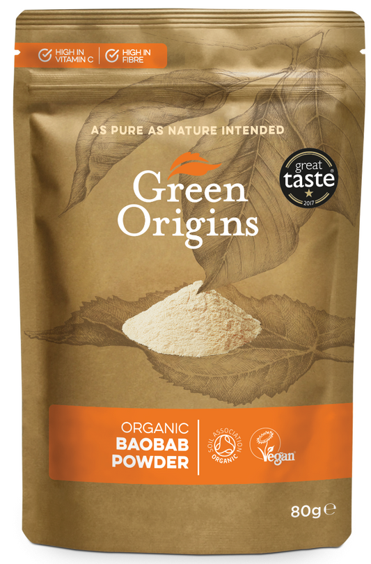 Bio-Baobab-Pulver von GREEN ORIGINS in 80 g Verpackung, grüner Ursprung, zeigt das grüne Pulver in einer Schüssel.