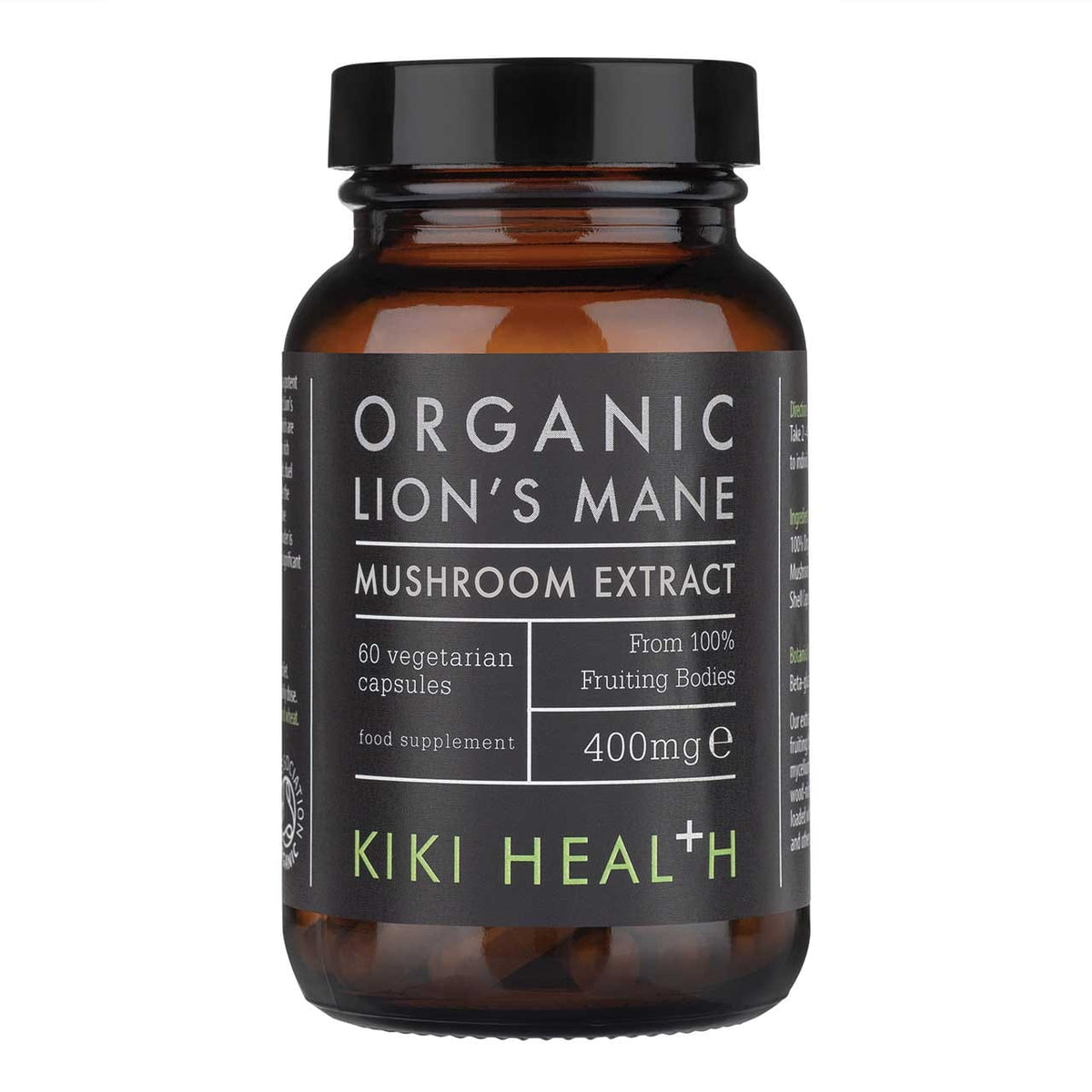 Löwenmähnenpilzextrakt KIKI HEALTH Kapseln, Nahaufnahme der braunen Kapseln in einer Packung.