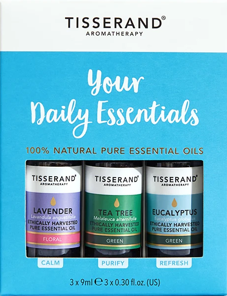 Drei Flaschen ätherische Öle im TISSERAND Essentials-Kit, jeweils 9 ml, natürliche Inhaltsstoffe für tägliche Anwendung
