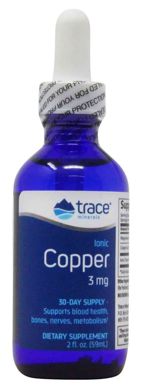 Kupfer-Produkt mit ionischen Spurenelementen in 59 ml Flasche von TRACE MINERALS, sichtbarer Kupferflasche mit Label