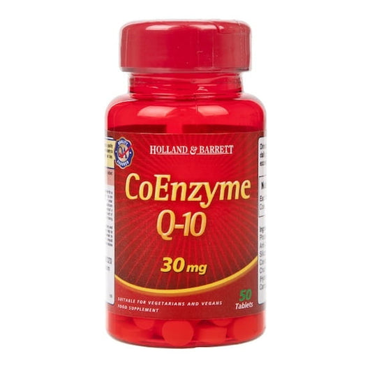 Holland & Barrett Coenzym Q10 30 mg, 50 Tabletten, Nahaufnahme der Nahrungsergänzungstabletten in einer Packung