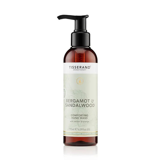 Handseife mit Bergamotte und Sandelholz von TISSERAND, 195 ml Flasche, zeigt die Seife mit aromatischem Duft.