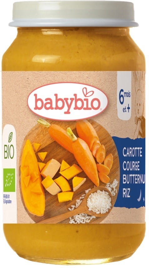 Gute-Nacht-Gericht von BABYBIO mit Reis, Karotten und Butternusskürbis für Babys ab 6 Monaten, glutenfrei, 200g.