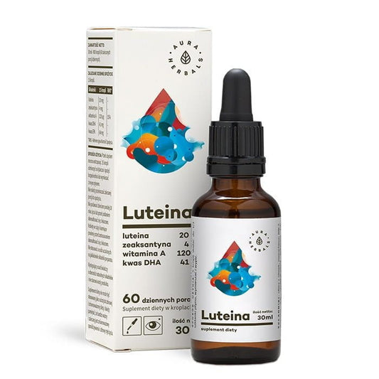 Flasche mit Lutein, Vitamin A, DHA und Zeaxanthin von AURA HERBALS, 30 ml, Nahrungsergänzungsmittel für die Augengesundheit