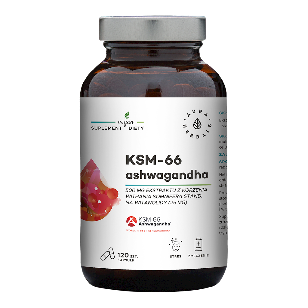 Ashwagandha KSM66 Wurzel 500 MG 120 Kapseln AURA HERBALS मुख्य छवि