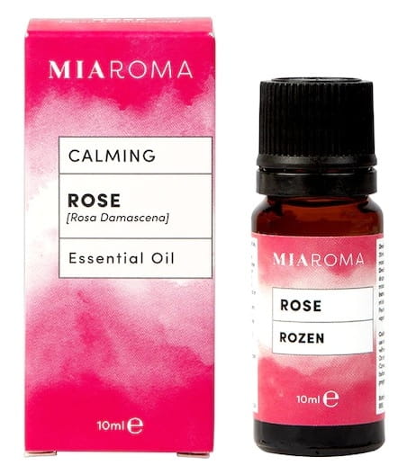 Ätherisches Rosenöl von Holland & Barrett, 10 ml Flasche mit goldener Kappe, zeigt die Produktverpackung und das Fläschchen.