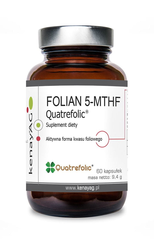 KENAY Folian 5-MTHF Quatrefolic Kapseln, 60 Stück, Nahaufnahme der Verpackung und Kapseln.