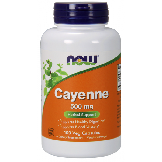 Cayennepfeffer Kapseln von NOW FOODS, 500 mg, 100 Stück, Nahaufnahme der Verpackung und Kapseln.