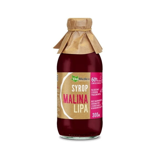 Himbeer- und Lindensirup in 300ml Flasche, EKAMEDICA, mit fruchtigem und blumigem Geschmack, auf einem Tisch präsentiert.