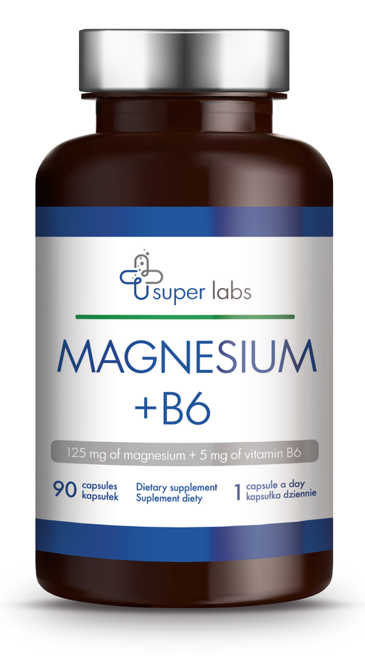 Magnesium 125 mg und Vitamin B6 5 mg Kapseln von SUPER LABS, Nahrungsergänzungsmittel für mehr Energie und Muskelentspannung