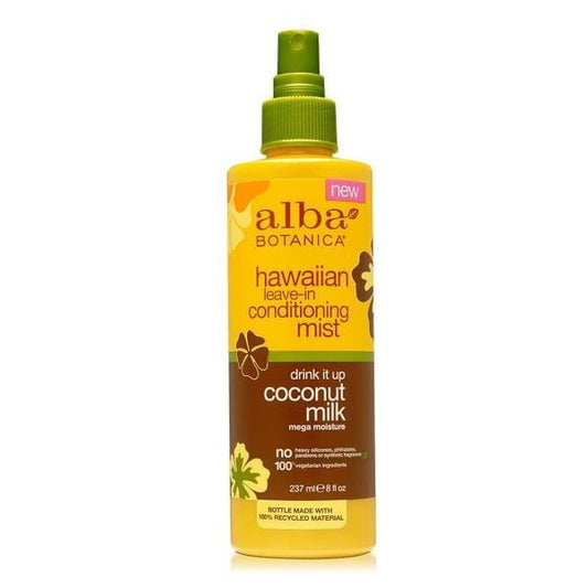 Hawaiianisches Haarspray mit Kokosmilch von ALBA BOTANICA, Sprayflasche für natürlichen Halt und glänzendes Haar, Nahaufnahme