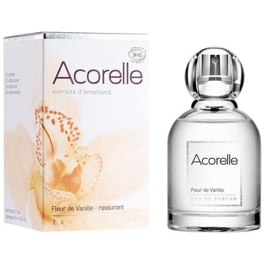 Bio-Vanille Eau de Parfum von ACORELLE, Flasche mit Vanille-Duft und natürlichem Bio-Label, zeigt das elegante Parfümfläschchen.