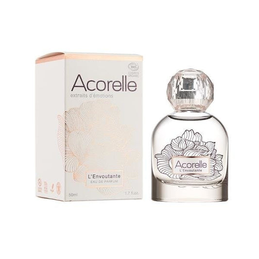 Bio l'envoutante Eau de Parfum von ACORELLE, elegante Flasche mit blumigem Duft, sichtbar im Bild.