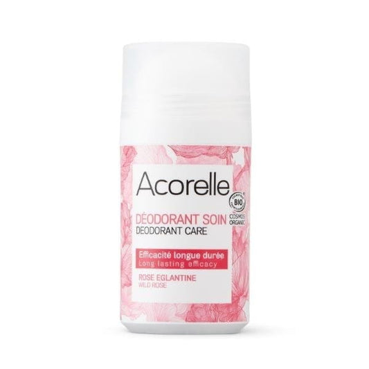 Bio-Hagebuttenkugel-Deodorant von ACORELLE in einer runden Verpackung, sichtbare Kugel und natürliche Inhaltsstoffe.