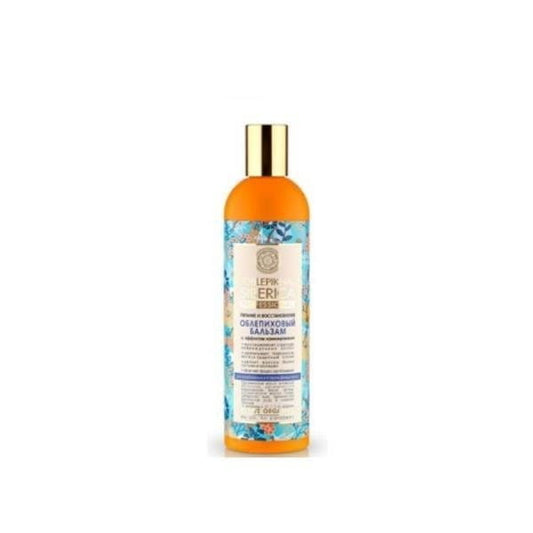 Balm mit laminierender Wirkung für schwaches und geschädigtes Haar, 400 ml, NATURA SIBERICA, in einer offenen Flasche auf weißem Hintergrund