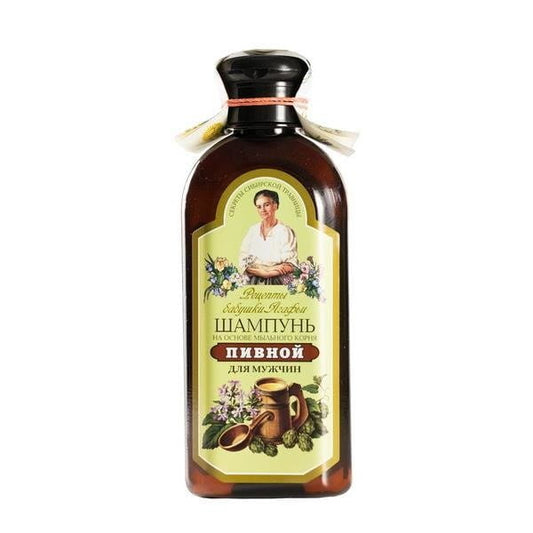 Biershampoo für Männer gegen Haarausfall, 350 ml, von RECEPTURY BABUSZKI AGAFII, zeigt Flasche und Etikett vor weißem Hintergrund