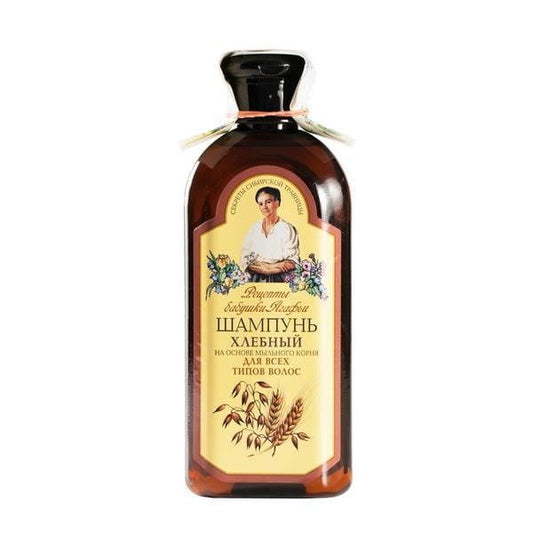 Rezeptury Babuszki Agafii Brotshampoo für alle Haartypen, 350 ml, flüssiges Shampoo in einer weißen Flasche.
