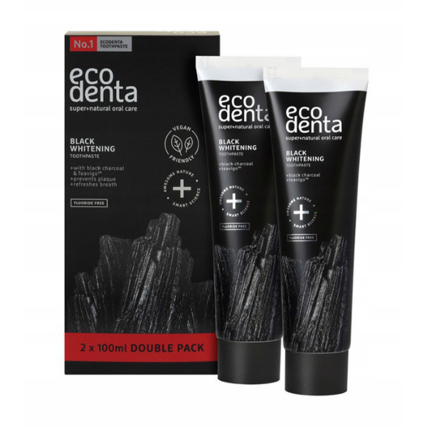 Schwarz aufhellende Zahnpasta von BIOK LABORATORIJA in zwei 100 ml Tuben, ideal für natürliche Zahnaufhellung und Pflege.