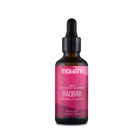 Flasche mit 50 ml MOHANI Baobab-Öl, naturbelassenes Pflegeöl in dunkler Glasflasche, ideal für Haut und Haare.