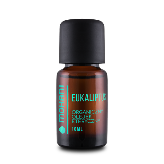 Bio ätherisches Eukalyptusöl von MOHANI in einer Glasflasche mit Tropfer, ideal für Aromatherapie und natürliche Pflege.