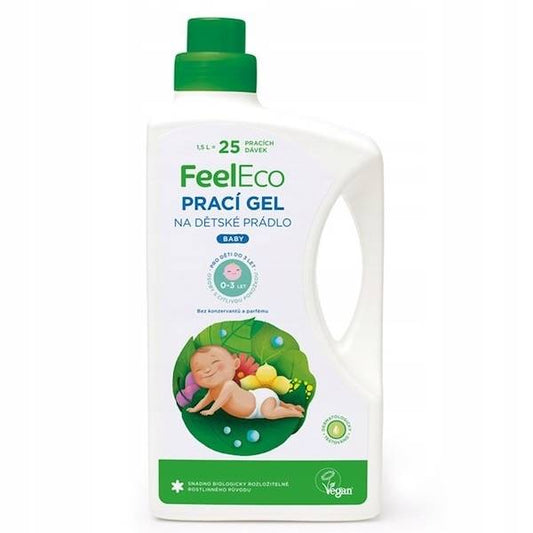 Feinwaschgel von FEEL ECO für Babykleidung, flüssige Textur, umweltfreundlich, ideal für empfindliche Babyhaut