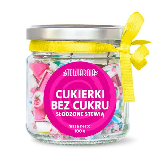 Bunte Bonbons im Glas ohne Zucker von STEWIARNIA, 100g, süße Fruchtgummis in durchsichtigem Glas.