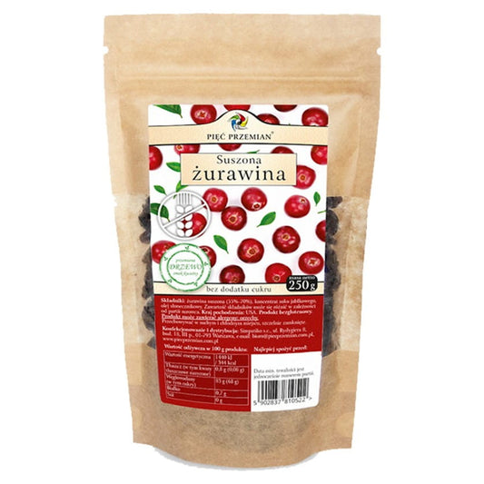 Getrocknete Cranberries mit Apfelsaft gesüßt, 250g, von PIĘĆ PRZEMIAN, fruchtige und saftige Cranberries in der Verpackung