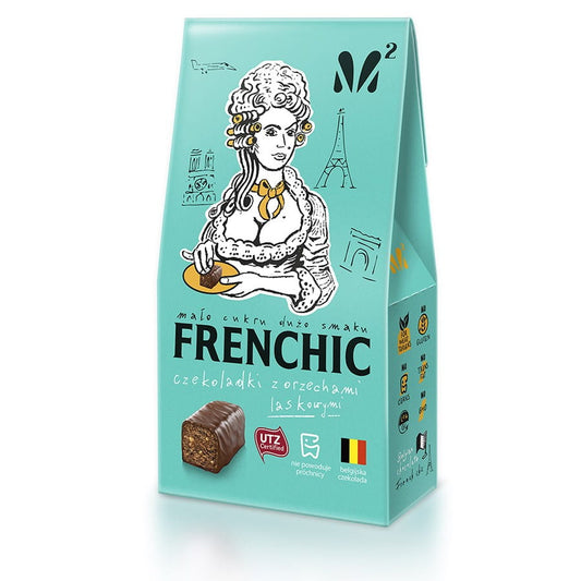 Haselnuss- und italienische Frenchic-Pralinen von M2, 100g, mit schokoladiger Außenhülle und cremiger Füllung, auf weißem Hintergrund