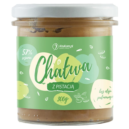 Halva mit Pistazien von KRUKAM, gesüßt mit Xylit, 300g, cremige Süßigkeit mit grünen Pistazienstückchen.