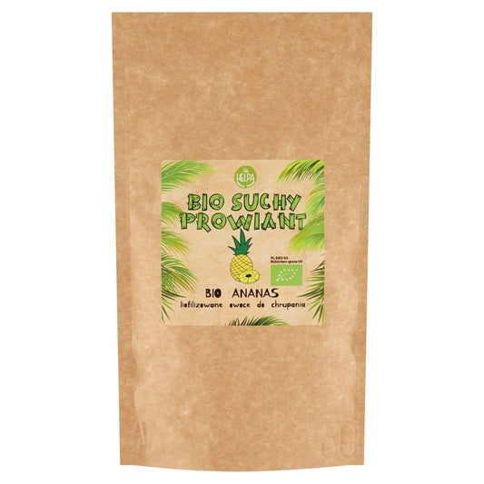 Lunchpaket mit Bio-Ananasstücken von HELPA, 20g, frische Ananas für unterwegs, in transparentem Beutel auf weißem Hintergrund.