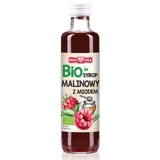 Himbeersirup mit Honig von POLSKA RÓŻA, 250 ml Flasche, Nahaufnahme des Bio-Sirups mit Himbeeren und Honig.