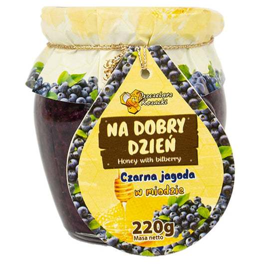 Heidelbeerhonig von Kozacki Beeberry in 220g Glas, natürliche Süße mit fruchtigem Heidelbeergeschmack, ideal für den guten Tag